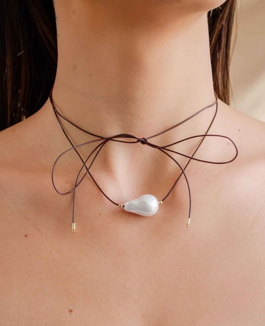 Long Necklace with Shell Pearl & Cord