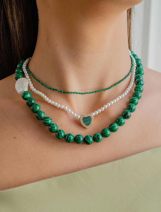 Choker with Shell Pearls & Malachite Heart Pendant