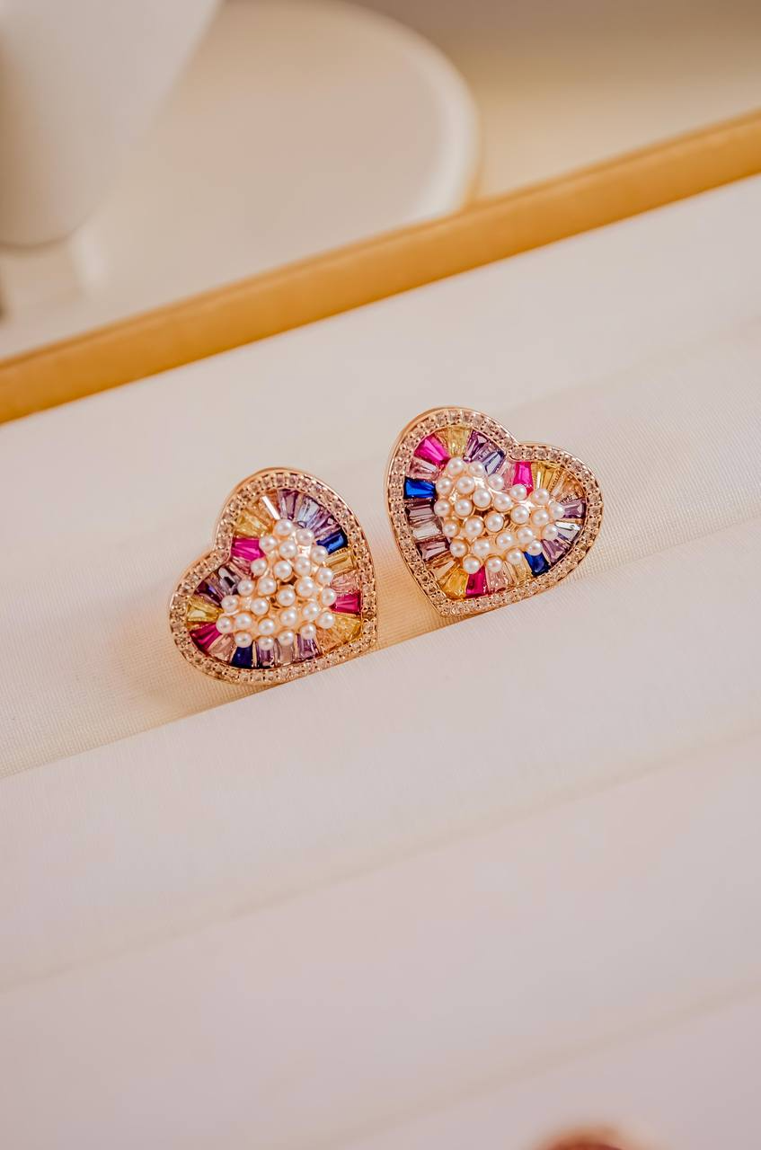 Heart Earrings with Pearls & Multicolor Crystals
