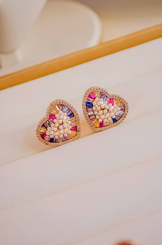 Heart Earrings with Pearls & Multicolor Crystals