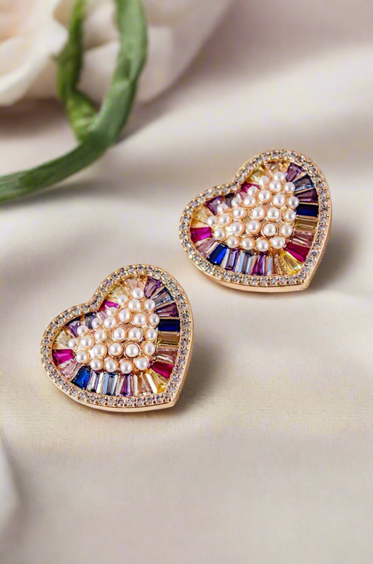 Heart Earrings with Pearls & Multicolor Crystals